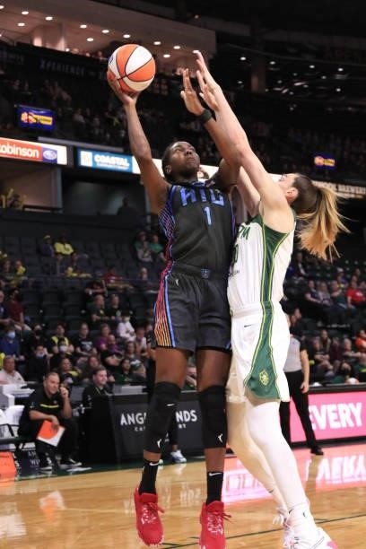 Elizabeth Williams of the Atlanta Dream shoots the ball against the Seattle Storm on July 2, 2021 at the Angel of the Winds Arena, in Everett,...