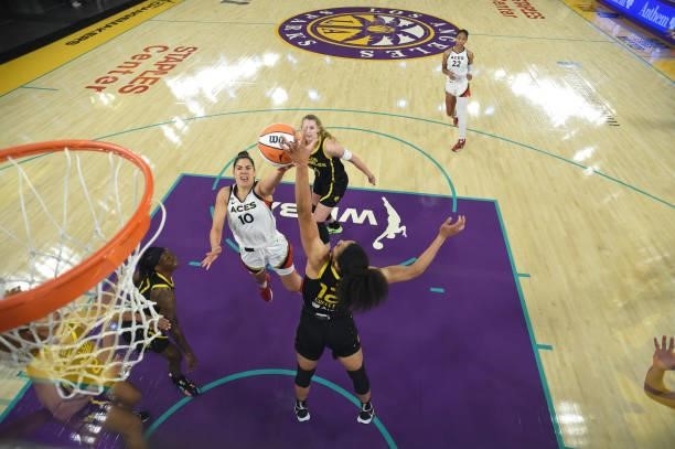 Kelsey Plum of the Las Vegas Aces shoots the ball against the Los Angeles Sparks on July 2, 2021 at Los Angeles Convention Center in Los Angeles,...