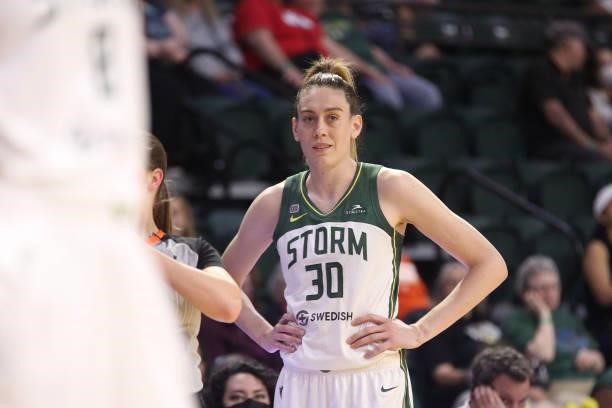 Breanna Stewart of the Seattle Storm looks on during the game against the Atlanta Dream on July 2, 2021 at the Angel of the Winds Arena, in Everett,...