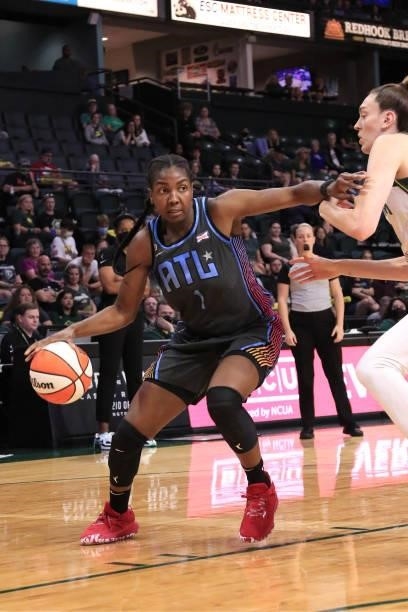 Elizabeth Williams of the Atlanta Dream drives to the basket against the Seattle Storm on July 2, 2021 at the Angel of the Winds Arena, in Everett,...