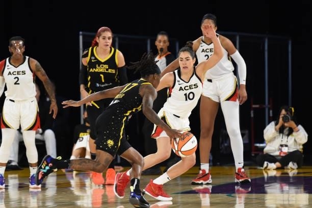 Kelsey Plum of the Las Vegas Aces plays defense against the Los Angeles Sparks on July 2, 2021 at Los Angeles Convention Center in Los Angeles,...