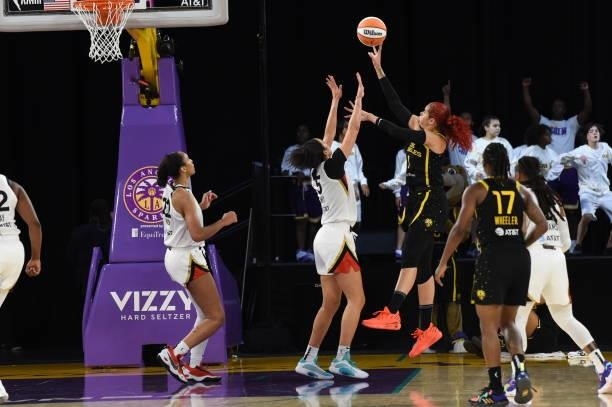 Amanda Zahui B of the Los Angeles Sparks shoots the ball against the Las Vegas Aces on July 2, 2021 at Los Angeles Convention Center in Los Angeles,...