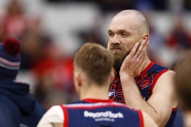 Max Gawn of the Demons looks on during the 2021 AFL Round 16 match between the Melbourne Demons and the GWS Giants at the Melbourne Cricket Ground on...