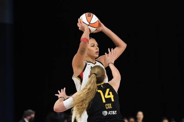 Liz Cambage of the Las Vegas Aces looks to pass against the Los Angeles Sparks on July 2, 2021 at Los Angeles Convention Center in Los Angeles,...