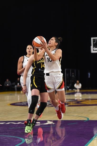 Kelsey Plum of the Las Vegas Aces drives to the basket against the Los Angeles Sparks on July 2, 2021 at Los Angeles Convention Center in Los...