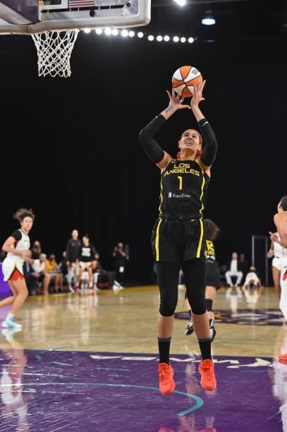 Amanda Zahui B of the Los Angeles Sparks rebounds during the game against the Las Vegas Aces on July 2, 2021 at Los Angeles Convention Center in Los...