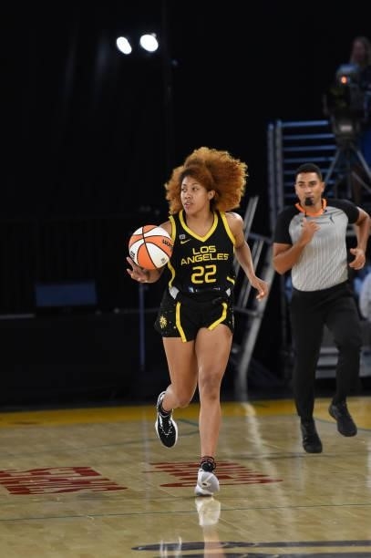 Arella Guirantes of the Los Angeles Sparks dribbles during the game against the Las Vegas Aces on July 2, 2021 at Los Angeles Convention Center in...