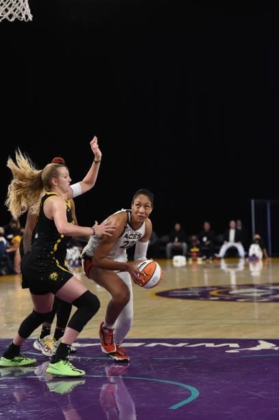 Ja Wilson of the Las Vegas Aces drives to the basket against the Los Angeles Sparks on July 2, 2021 at Los Angeles Convention Center in Los Angeles,...