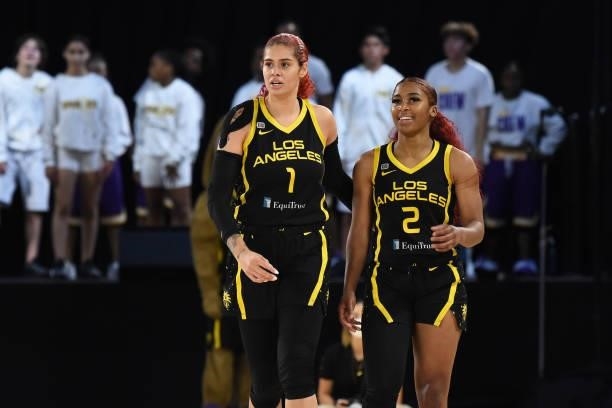 Amanda Zahui B of the Los Angeles Sparks talks with Te'a Cooper of the Los Angeles Sparks during the game against the Las Vegas Aces on July 2, 2021...