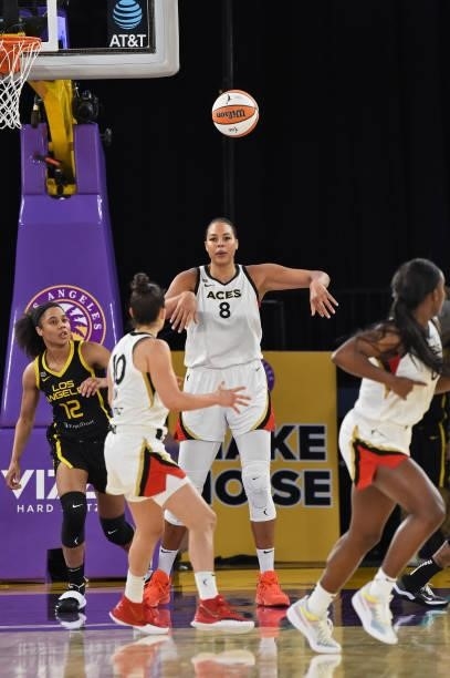 Liz Cambage of the Las Vegas Aces passes the ball against the Los Angeles Sparks on July 2, 2021 at Los Angeles Convention Center in Los Angeles,...