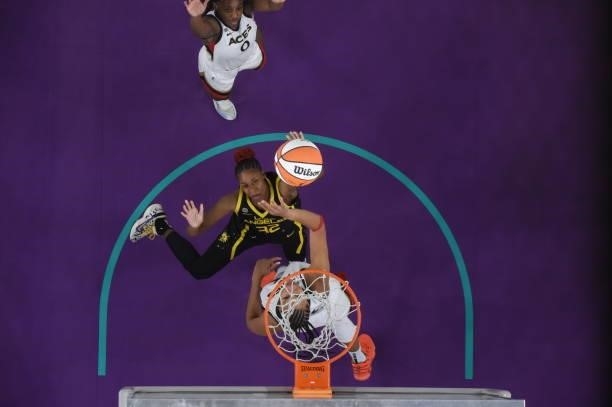 Bria Holmes of the Los Angeles Sparks shoots the ball against the Las Vegas Aces on July 2, 2021 at Los Angeles Convention Center in Los Angeles,...