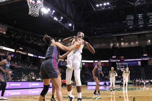 Ezi Magbegor of the Seattle Storm fights for the rebound during the game against the Atlanta Dream on July 2, 2021 at the Angel of the Winds Arena,...