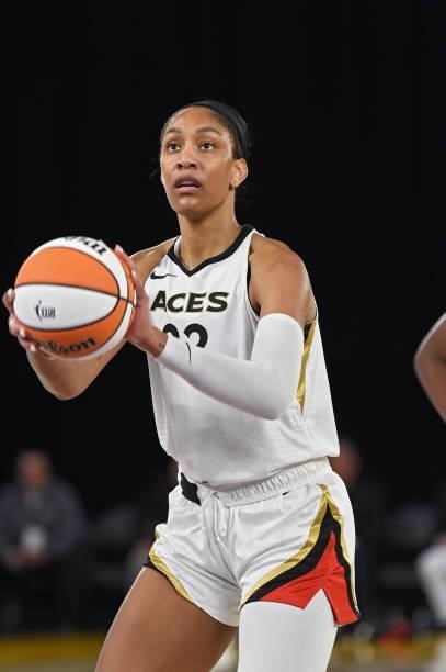 Ja Wilson of the Las Vegas Aces shoots a free throw against the Los Angeles Sparks on July 2, 2021 at Los Angeles Convention Center in Los Angeles,...