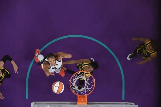 Liz Cambage of the Las Vegas Aces shoots the ball against the Los Angeles Sparks on July 2, 2021 at Los Angeles Convention Center in Los Angeles,...