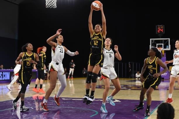 Nia Coffey of the Los Angeles Sparks rebounds during the game against the Las Vegas Aces on July 2, 2021 at Los Angeles Convention Center in Los...