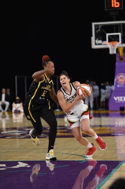 Kelsey Plum of the Las Vegas Aces drives to the basket against the Los Angeles Sparks on July 2, 2021 at Los Angeles Convention Center in Los...