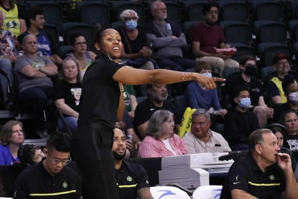 Head Coach, Noelle Quinn of the Seattle Storm signals to her team during the game against the Atlanta Dream on July 2, 2021 at the Angel of the Winds...