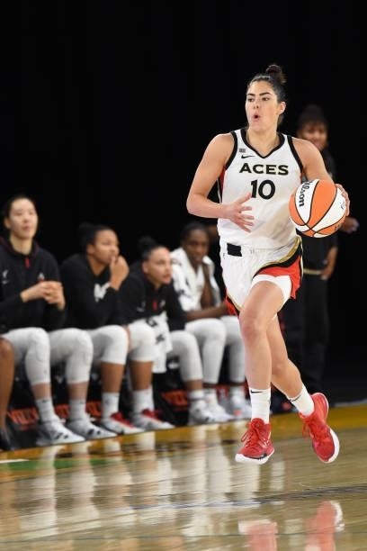 Kelsey Plum of the Las Vegas Aces dribbles during the game against the Los Angeles Sparks on July 2, 2021 at Los Angeles Convention Center in Los...