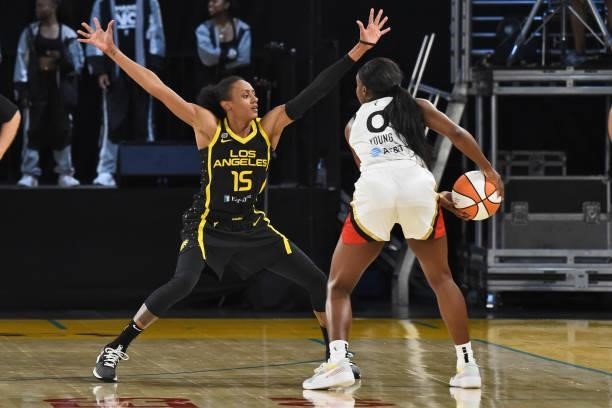 Brittney Sykes of the Los Angeles Sparks plays defense against the Las Vegas Aces on July 2, 2021 at Los Angeles Convention Center in Los Angeles,...