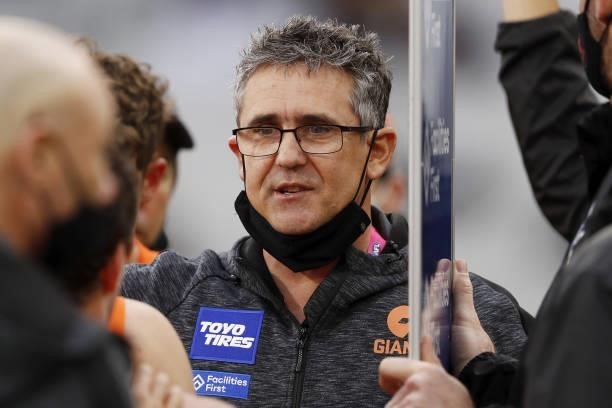 Senior coach Leon Cameron of the Giants addresses his players during the 2021 AFL Round 16 match between the Melbourne Demons and the GWS Giants at...