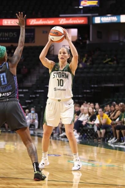 Sue Bird of the Seattle Storm looks to pass the ball against the Atlanta Dream on July 2, 2021 at the Angel of the Winds Arena, in Everett,...