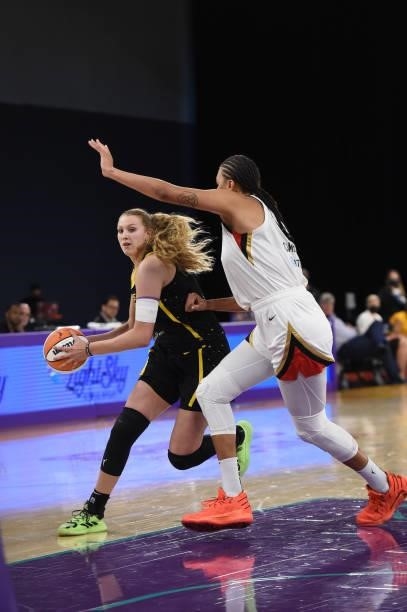 Lauren Cox of the Los Angeles Sparks drives to the basket against the Las Vegas Aces on July 2, 2021 at Los Angeles Convention Center in Los Angeles,...