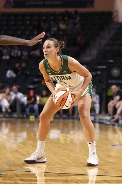 Stephanie Talbot of the Seattle Storm looks to pass the ball against the Atlanta Dream on July 2, 2021 at the Angel of the Winds Arena, in Everett,...