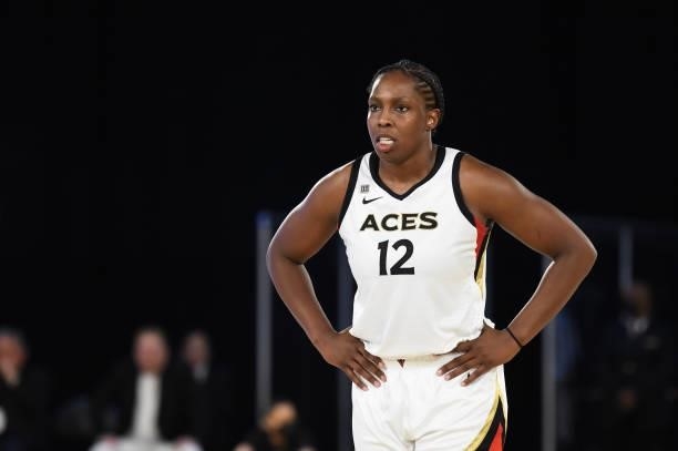 Chelsea Gray of the Las Vegas Aces looks on during the game against the Los Angeles Sparks on July 2, 2021 at Los Angeles Convention Center in Los...