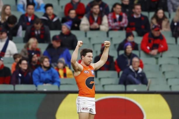 Toby Greene of the Giants reacts on the final siren during the 2021 AFL Round 16 match between the Melbourne Demons and the GWS Giants at the...