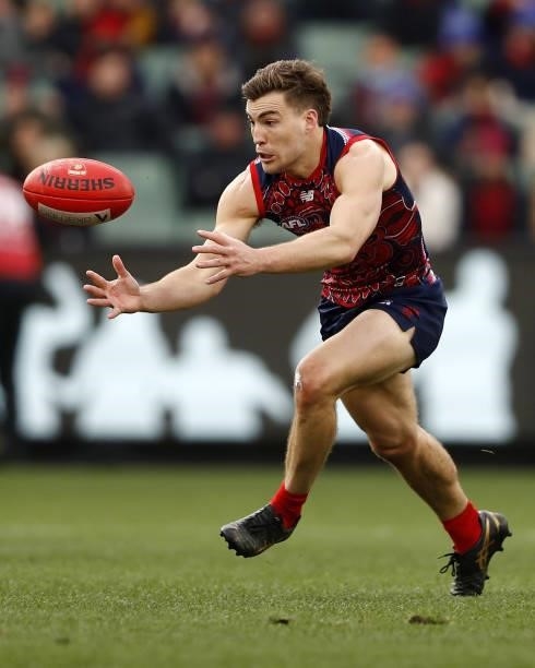 Jack Viney of the Demons in action during the 2021 AFL Round 16 match between the Melbourne Demons and the GWS Giants at the Melbourne Cricket Ground...