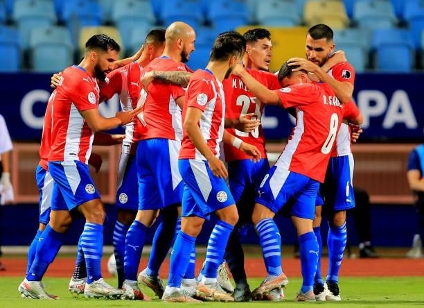 Gustavo Gomez of Paraguay celebrates with his teammates after scoring a goal during the Quarterfinal match between Peru and Paraguay as part of...