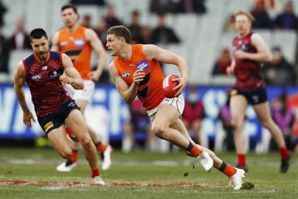 Jacob Hopper of the Giants in action during the 2021 AFL Round 16 match between the Melbourne Demons and the GWS Giants at the Melbourne Cricket...