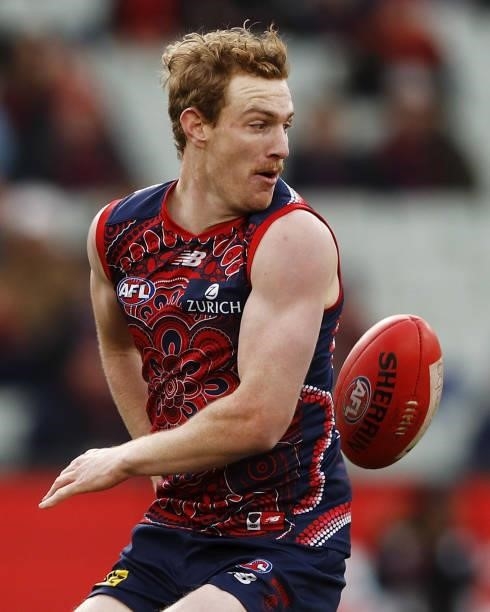 Harrison Petty of the Demons in action during the 2021 AFL Round 16 match between the Melbourne Demons and the GWS Giants at the Melbourne Cricket...