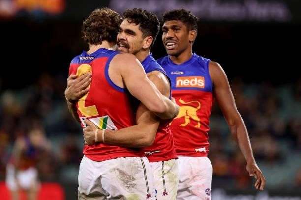 Charlie Cameron of the Lions celebrates a goal during the 2021 AFL Round 16 match between the Adelaide Crows and the Brisbane Lions at Adelaide Oval...