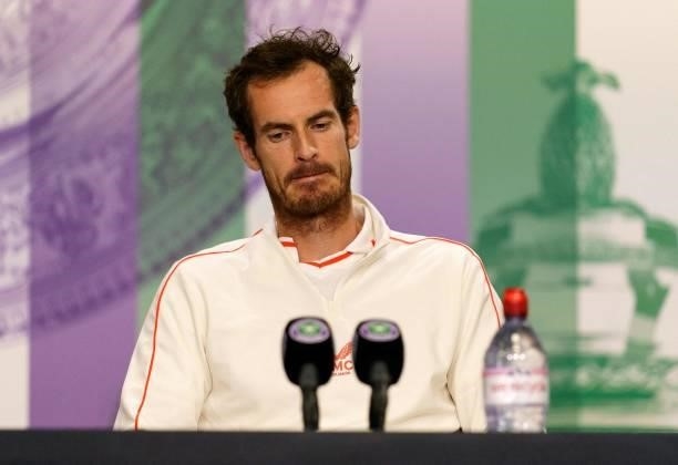Britain's Andy Murray reacts during a remote press conference after losing his third round match on the fifth day of the 2021 Wimbledon Championships...