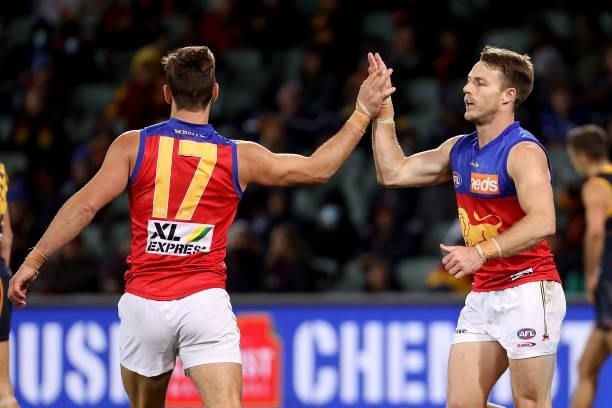 Lincoln McCarthy of the Lions celebrates a goal during the 2021 AFL Round 16 match between the Adelaide Crows and the Brisbane Lions at Adelaide Oval...