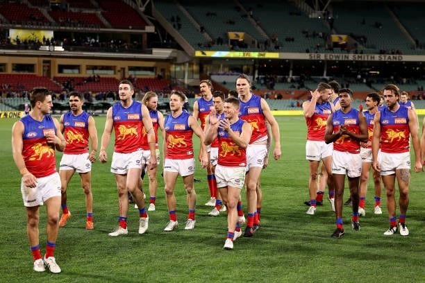 The Lions after their win during the 2021 AFL Round 16 match between the Adelaide Crows and the Brisbane Lions at Adelaide Oval on July 3, 2021 in...