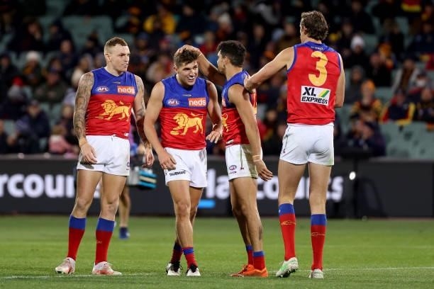 Zac Bailey of the Lions celebrates a goal during the 2021 AFL Round 16 match between the Adelaide Crows and the Brisbane Lions at Adelaide Oval on...