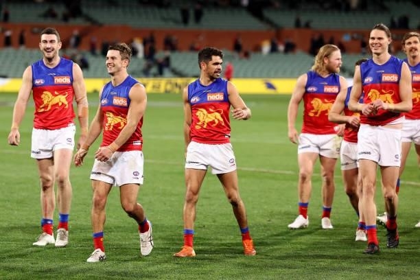 The Lions after their win during the 2021 AFL Round 16 match between the Adelaide Crows and the Brisbane Lions at Adelaide Oval on July 3, 2021 in...