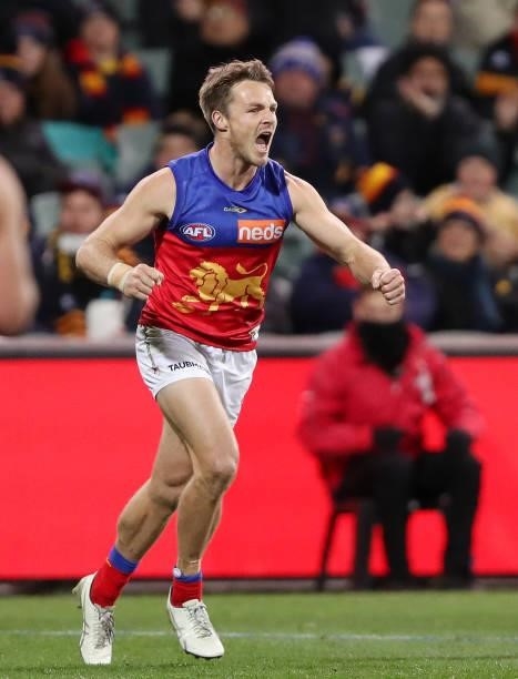 Lincoln McCarthy of the Lions celebrates a goal during the 2021 AFL Round 16 match between the Adelaide Crows and the Brisbane Lions at Adelaide Oval...