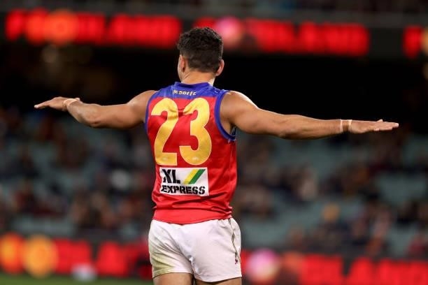 Charlie Cameron of the Lions celebrates a goal during the 2021 AFL Round 16 match between the Adelaide Crows and the Brisbane Lions at Adelaide Oval...