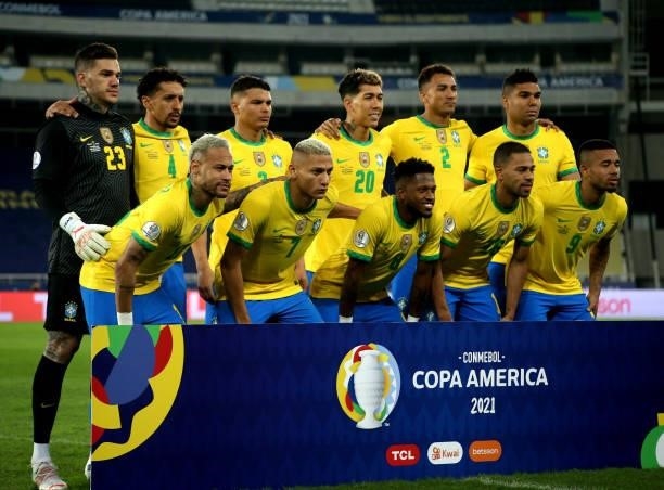 Team group of Brazil pose ,during the Quarterfinal match between Brazil and Chile as part of Conmebol Copa America Brazil 2021 at Estadio Olímpico...