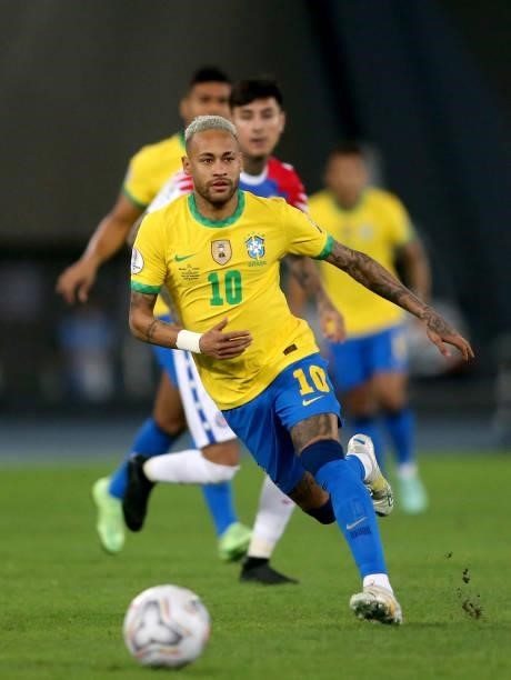 Neymar Jr of Brazil in action ,during the Quarterfinal match between Brazil and Chile as part of Conmebol Copa America Brazil 2021 at Estadio...