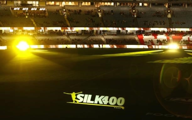 Silk 400 projection is seen during the 2021 AFL Round 16 match between the Hawthorn Hawks and the Port Adelaide Power at Marvel Stadium on July 3,...