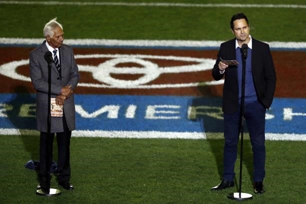 Gavin Wanganeen and Syd Jackson speak during the 2021 AFL Round 16 match between the Hawthorn Hawks and the Port Adelaide Power at Marvel Stadium on...