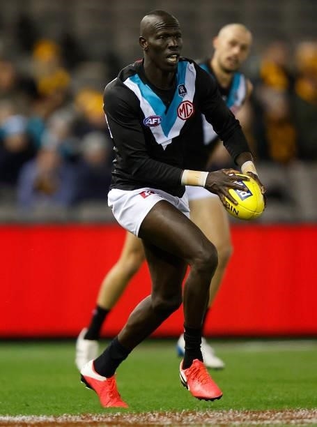 Aliir Aliir of the Power in action during the 2021 AFL Round 16 match between the Hawthorn Hawks and the Port Adelaide Power at Marvel Stadium on...