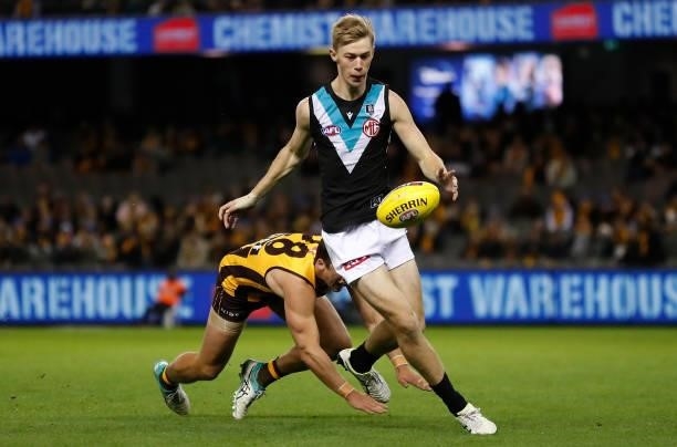 Todd Marshall of the Power in action during the 2021 AFL Round 16 match between the Hawthorn Hawks and the Port Adelaide Power at Marvel Stadium on...