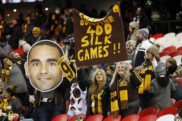 Hawthorn fans are seen during the 2021 AFL Round 16 match between the Hawthorn Hawks and the Port Adelaide Power at Marvel Stadium on July 3, 2021 in...