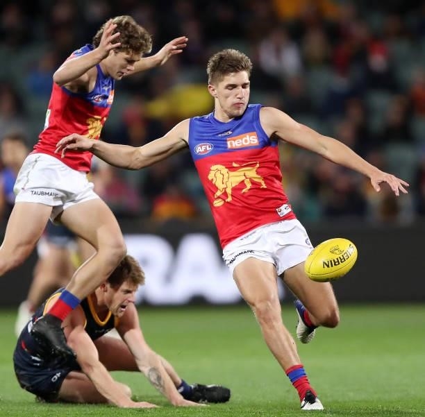 Zac Bailey of the Lions kicks the ball during the 2021 AFL Round 16 match between the Adelaide Crows and the Brisbane Lions at Adelaide Oval on July...