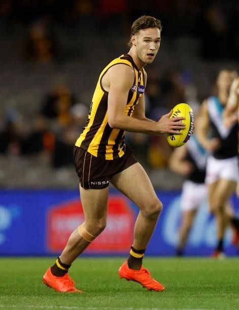 Jack Scrimshaw of the Hawks in action during the 2021 AFL Round 16 match between the Hawthorn Hawks and the Port Adelaide Power at Marvel Stadium on...